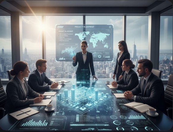 Consultants presenting a global project blueprint